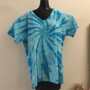 Tie Dye Tee Shirt in Shades of Blue 3X Heavy-weight Cotton Short Sleeves V-neck